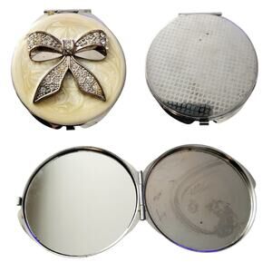 Vintage Antique Bow Rhinestone Silver-tone Enamel Decorative Compact Mirror